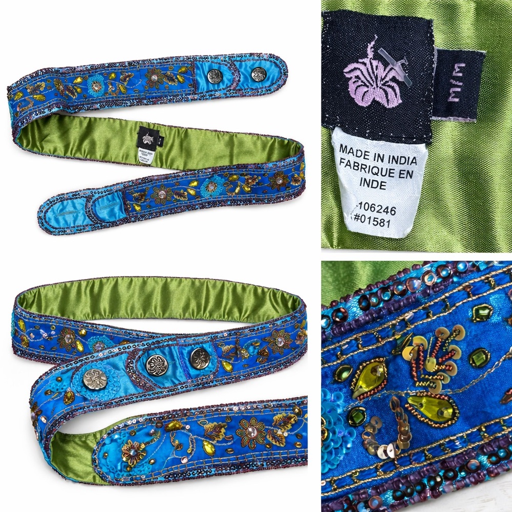 Made in India Sequin Floral Gem Stones Satin Embellished Blue and Green Belt Med